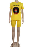 White Fashion Sexy adult Ma'am Letter Patchwork Print head portrait Two Piece Suits pencil Short Sleeve Two Pieces