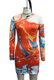 Red Sexy Print O Neck Pencil Skirt Dresses