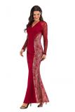 Red Polyester adult Celebrities Fashion Cap Sleeve Long Sleeves V Neck A-Line Floor-Length Solid lace pe