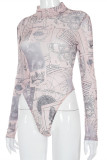 Apricot Fashion Sexy Print Basic Half A Turtleneck Skinny Romper