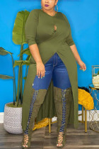 Army Green Sexy Solid Hollowed Out Slit O Neck Plus Size