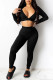 Black Sexy Solid Patchwork Backless V Neck Long Sleeve Two Pieces