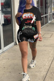 White Fashion Casual Print Basic O Neck Short Sleeve Two Pieces