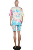 Blue Casual Print Split Joint O Neck Short Sleeve Two Pieces