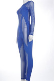 Blue Casual Solid Hollowed Out Patchwork O Neck Regular Jumpsuits
