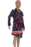 Tibetan Blue Sexy Print Patchwork Turndown Collar Straight Dresses