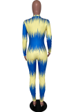 Blue Yellow Casual Print Patchwork Zipper Collar Skinny Jumpsuits