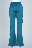 Blue Casual Solid Pocket Regular High Waist Speaker Bottoms