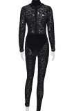 Black Sexy Print See-through O Neck Regular Jumpsuits