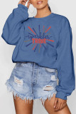Blue O Neck Long Sleeve Letter Patchwork Print Burn-out Tops