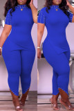 Pink Fashion Casual Solid Slit Beading Turtleneck Short Sleeve Two Pieces