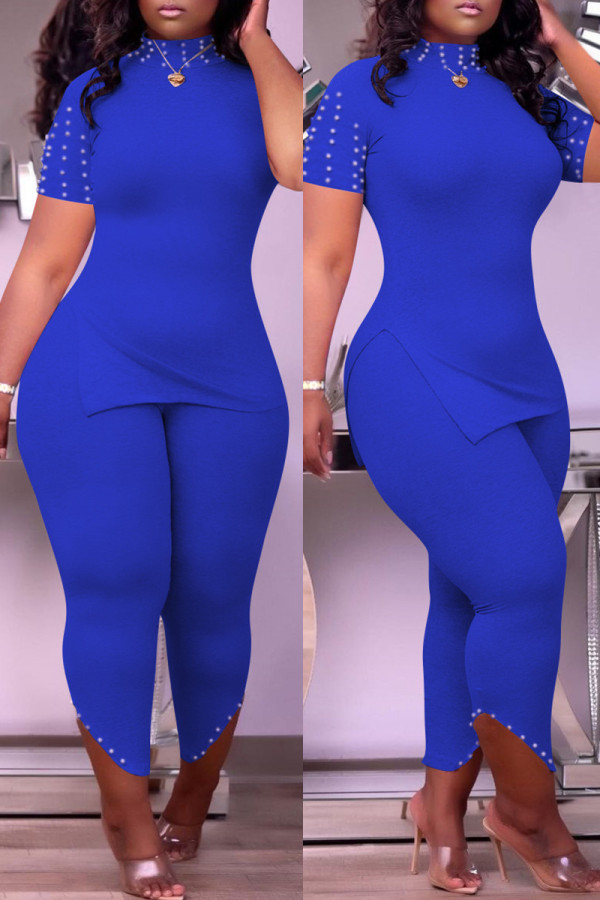 Blue Fashion Casual Solid Slit Beading Turtleneck Short Sleeve Two Pieces