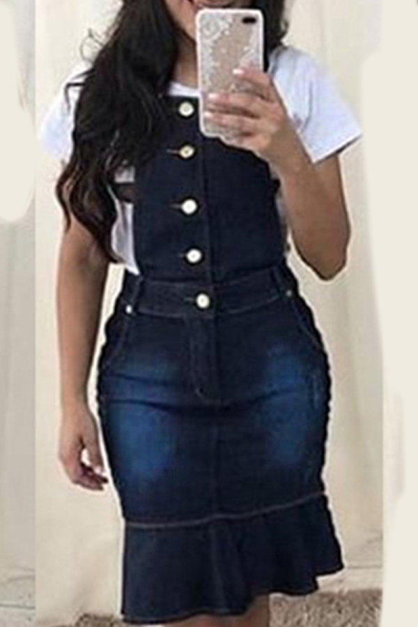 Deep Blue Casual Solid Patchwork Boot Cut High Waist Speaker Bottoms