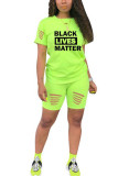 Fluorescent green Fashion Casual Letter Print Two Piece Suits Straight Short Sleeve Two Pieces