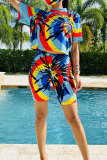 Yellow Fashion Casual adult Patchwork Print Two Piece Suits Straight Short Sleeve Two Pieces