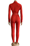 Red Polyester Fashion Sexy adult Ma'am Solid Two Piece Suits pencil Long Sleeve Two Pieces