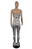 White Fashion Sexy Print Backless Halter Sleeveless Two Pieces