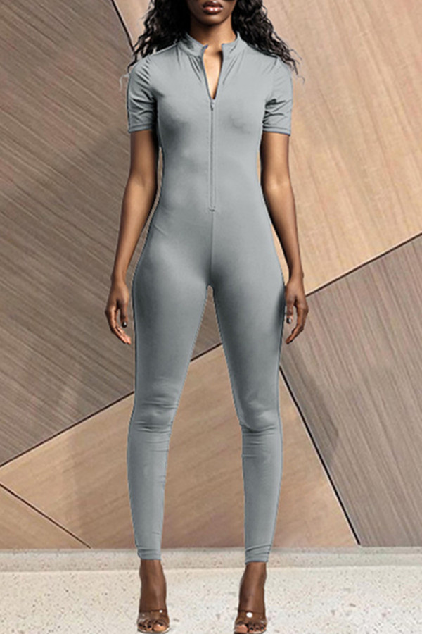 Grey Fashion Casual Solid Basic Zipper Collar Skinny Jumpsuits
