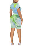 Green Fashion adult England Patchwork Print Tie Dye Two Piece Suits Lips Print pencil Short Sleeve Two Pieces