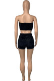 Black Sexy Pleuche Patchwork Solid Split Joint Vests Strapless Sleeveless Short Two Pieces