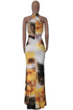 Grey Polyester Fashion adult Street Grey Dark Blue Off The Shoulder Sleeveless O neck Pencil Dress Floor-Length Print Patchwork Tie and dye hollow out Dresses