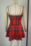 Red Fashion Sexy Plaid Print Backless Spaghetti Strap Sling Dress