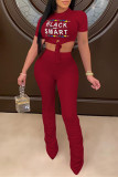 Red Fashion Casual Letter Print Fold O Neck Short Sleeve Two Pieces