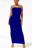Blue Fashion Solid Fold Strapless Step Skirt Dresses