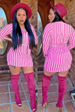 Pink Fashion Long Sleeves O neck Hip skirt Mini Striped Long Sleeve Dresses