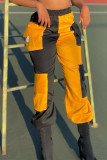 Yellow Casual Patchwork Pocket Straight Mid Waist Bottoms