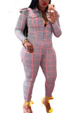Pink venetian Fashion Casual adult Ma'am Plaid Two Piece Suits pencil Long Sleeve Two Pieces