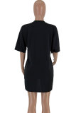 Black Polyester Sexy Fashion Cap Sleeve Short Sleeves O neck Step Skirt Mini Print Patchwork