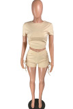 Khaki venetian Fashion Sexy Solid backless Two Piece Suits pencil Short Sleeve Two Pieces