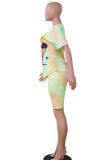 Green venetian Fashion Casual adult Ma'am Patchwork Print Character Tie Dye Two Piece Suits pencil Short Sleeve Two Pieces