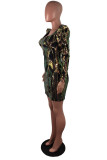 Colour Street Geometric Solid Sequins Mesh V Neck Pencil Skirt Dresses