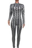 Black And White Casual Print O Neck Skinny Jumpsuits
