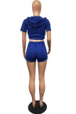 Blue Casual Split Joint Hooded Collar Short Sleeve Two Pieces
