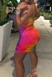 Blue Fashion Sexy Print Hollowed Out Backless Spaghetti Strap Sleeveless Dress