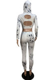 White Polyester Sexy Fashion HOLLOWED OUT Print asymmetrical Patchwork pencil Three Quarter Two-piece Pan