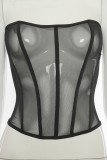Black Sweet Patchwork See-through Backless Mesh Strapless Mid Waist Tops