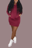 Red Polyester Casual Sleeve V Neck A-Line Knee-Length Solid Dresses