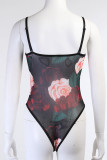 Black Sexy College Print Floral Spaghetti Strap Regular Bodysuits