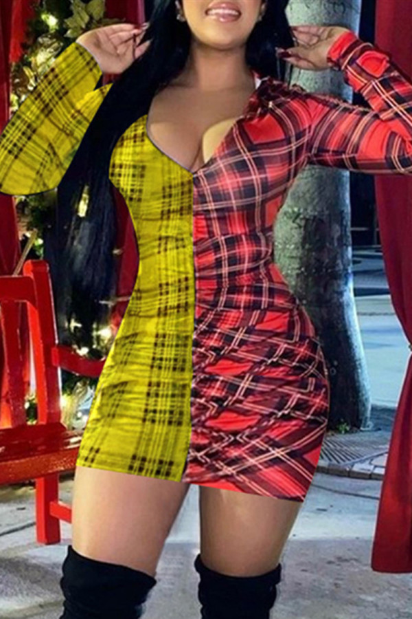 Red Yellow Fashion Casual Print Patchwork V Neck Long Sleeve Dresses