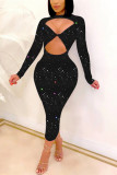 Black Fashion Sexy Print Hollowed Out O Neck Long Sleeve Dress
