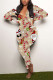 Khaki Casual Living Print Basic V Neck Regular Jumpsuits