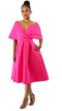rose red Cute V-Neck Short Sleeve Ball Gown Middle length skirt Summer Dresses