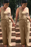 Khaki Fashion adult Ma'am OL Leopard Patchwork Two Piece Suits Loose Sleeveless Two Pieces