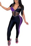 purple Fashion street Patchwork zipper Short Sleeve O Neck Jumpsuits