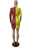 Red Yellow Fashion Casual Print Patchwork V Neck Long Sleeve Dresses
