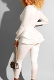 White Sexy Adult Polyester Solid Turn-back Collar Long Sleeve Regular Sleeve Regular Two Pieces